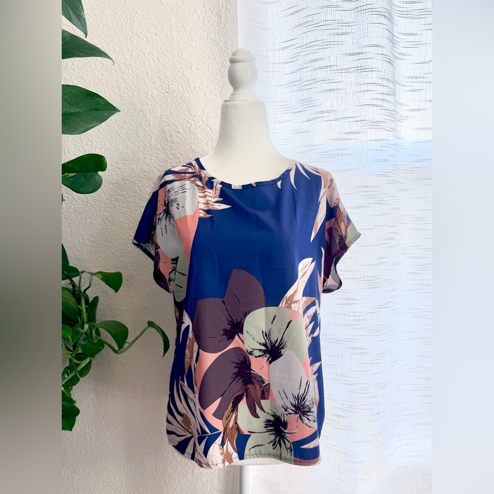 Emery Rose Floral Royal Blue Cap Sleeve Top